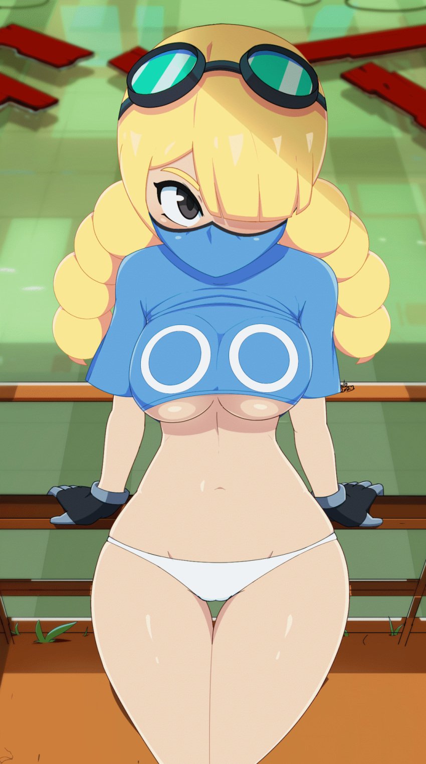 animated aonoexorcist100 bouncing_breasts breasts cameltoe goggles goggles_on_head jet_(lethal_league) lethal_league lethal_league_blaze oppai panties underboob yellow_hair