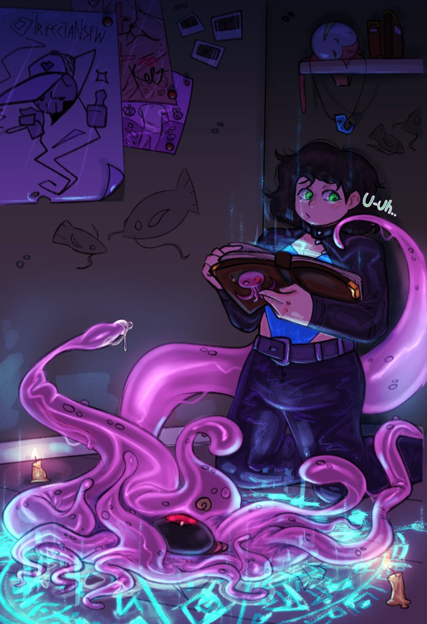 1boy belt black_clothing black_sclera blue_clothing boy brown_hair candle candles dark_room femboy glowing green_eyes hi_res high_resolution highres invocation leather_clothing magic magic_book magic_circle male male_focus original original_character pink_tentacles poster_(decoration) poster_(object) precum red_eyes summoning summoning_circle summoning_gone_wrong tentacle text trifecta_(artist) white_skin