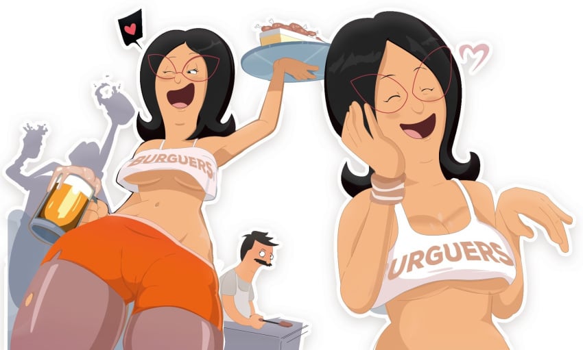 1boy 1girls big_breasts black_hair bob's_burgers bob_belcher cleavage exhibitionism female glasses gosgoz hooters hooters_uniform large_breasts light-skinned_female light-skinned_male light_skin linda_belcher male milf navel shorts underboob white_background wide_hips