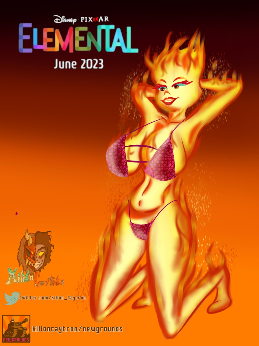 1girls alternate_version_available barefoot big_breasts bikini breasts elemental_(pixar) ember_lumen female female_only fire fire_girl full_body kilion_caytron kneeling pixar smile solo solo_female tagme