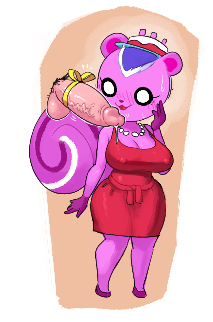 animal_crossing anthro big_breasts big_penis blush bodily_fluids breasts clothed clothing dark_sclera dress duo erect_nipples female fur genital_fluids genitals hi_res human male male/female mammal minus8 nintendo nipples peanut_(animal_crossing) penis pink_body pink_fur precum rodent sciurid smile solo squirrel_tail thick_thighs tree_squirrel villager_(animal_crossing)