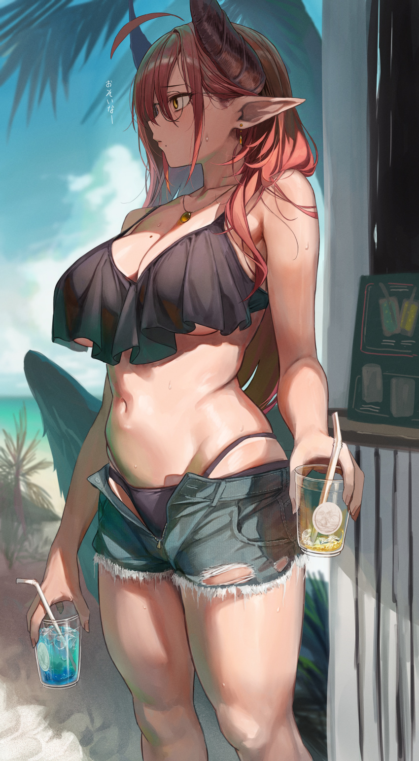 1girls 2023 absurd_res beach black_bikini blush breasts cleavage cup demon_girl demon_horns drink drinking_straw earrings feathered_wings feathers female female_only frilled_bikini frills glass glasses highres holding_cup holding_drink holding_glass horns ice_cube isabella_(marse) japanese_text jewelry large_breasts long_ears long_hair marse_(rokudaime) mole mole_on_breast mole_under_mouth navel necklace ocean original outdoors pointy_ears red_hair short_shorts shorts sky solo standing sweat swimsuit text translated underboob wings yellow_eyes