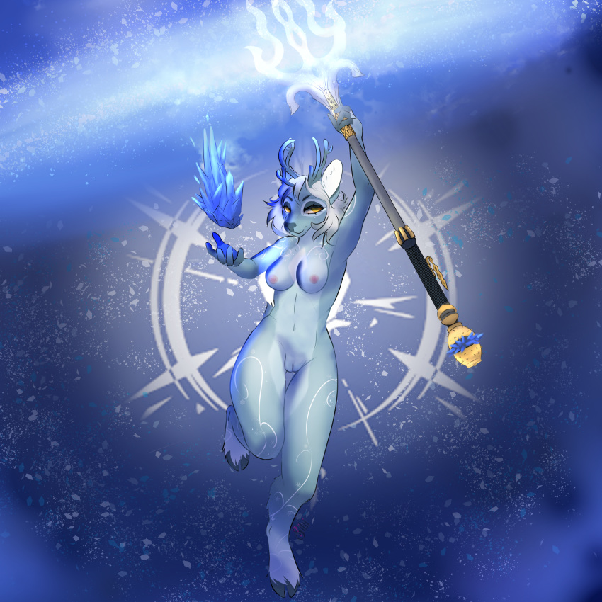 1:1 absurd_res anthro armpits breasts bungie deer destiny_(game) destiny_2 female genitals hi_res ice mammal melee_weapon nipples nude pussy sibi_the_messtress solo staff stasis_(destiny) trident weapon