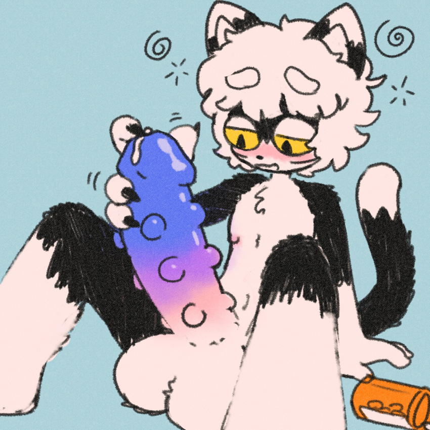 1:1 2023 balls big_balls big_penis black_body black_fur blue_background blush colored cum_from_penis erection felid feline fur genitals gradient_penis hair hi_res holding_penis huge_cock male male_only mammal nipples penis pill_bottle pop_(popstick) popstick simple_background solo white_body white_fur white_hair yellow_eyes