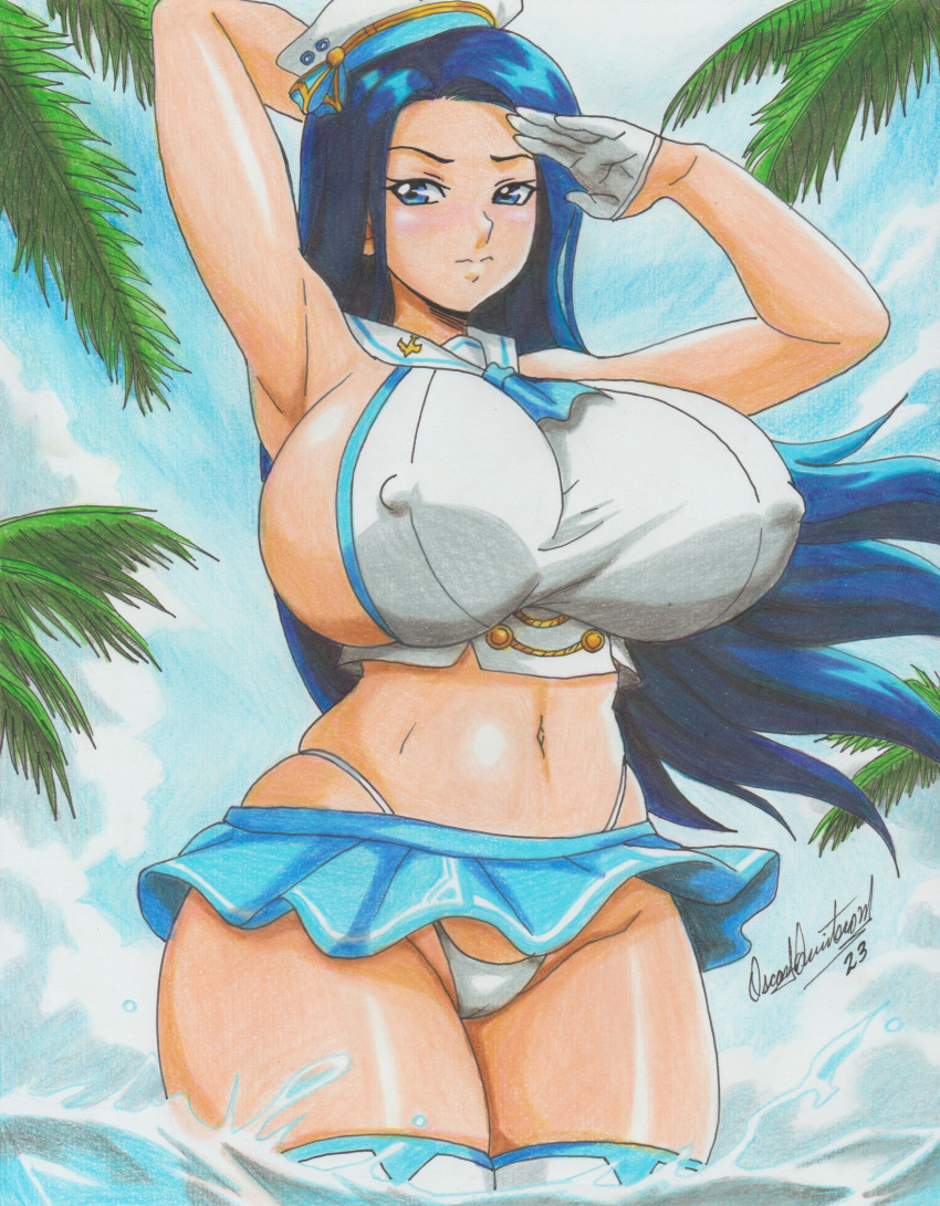 1girls armpits arms_behind_head blue_eyes blue_hair blue_sky breasts erect_nipples erection_under_clothes gloves hand_on_forehead huge_breasts invincible_dragon_(last_origin) invincible_dragon_(sailor_dress)_(last_origin) last_origin long_hair navel palm_tree ravern_clouk sailor_collar sailor_dress sailor_hat skirt traditional_art traditional_media_(artwork) water white_gloves white_panties