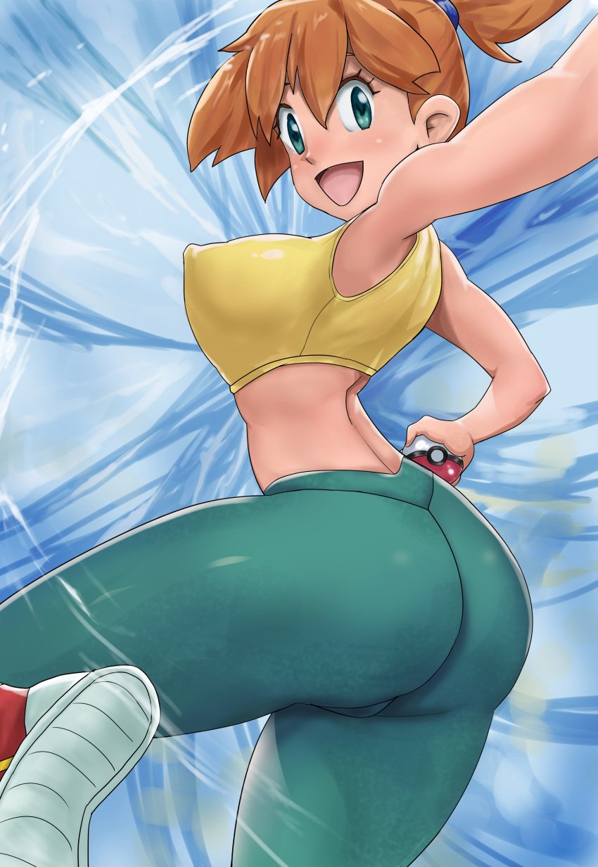 adapted_costume ass asymmetrical_hair bangs bare_arms bare_legs bare_shoulders blush breasts bubble_butt clothing cowboy_shot crop_top female from_behind game_freak gen_1_pokemon green_eyes gym_leader high_resolution hips holding holding_object holding_poke_ball huge_ass huge_breasts kasumi_(pokemon) kunanstudio large_ass large_breasts leggings legs looking_at_viewer looking_back nintendo orange_hair poke_ball pokemon pokemon_(anime) pokemon_(classic_anime) pokemon_(game) pokemon_rgby ponytail shiny shiny_hair shiny_skin shirt short_hair side_ponytail sleeveless smile solo tank_top thelorope thick_ass thick_thighs thighs tied_hair tight_clothes vagina very_high_resolution yellow_shirt yellow_tank_top