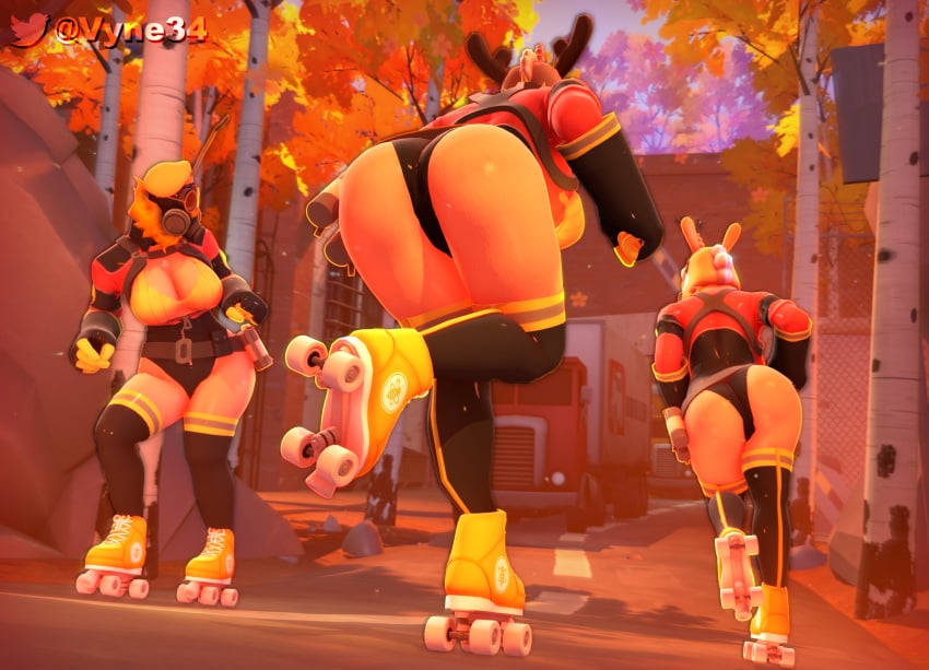 3d 3d_(artwork) ass ass_focus big_ass big_breasts big_butt breasts corset fempyro gas_mask roller_skates source_filmmaker swimsuit swimwear team_fortress_2 thick_ass thick_thighs vyne vyne_(vyne) wide_hips