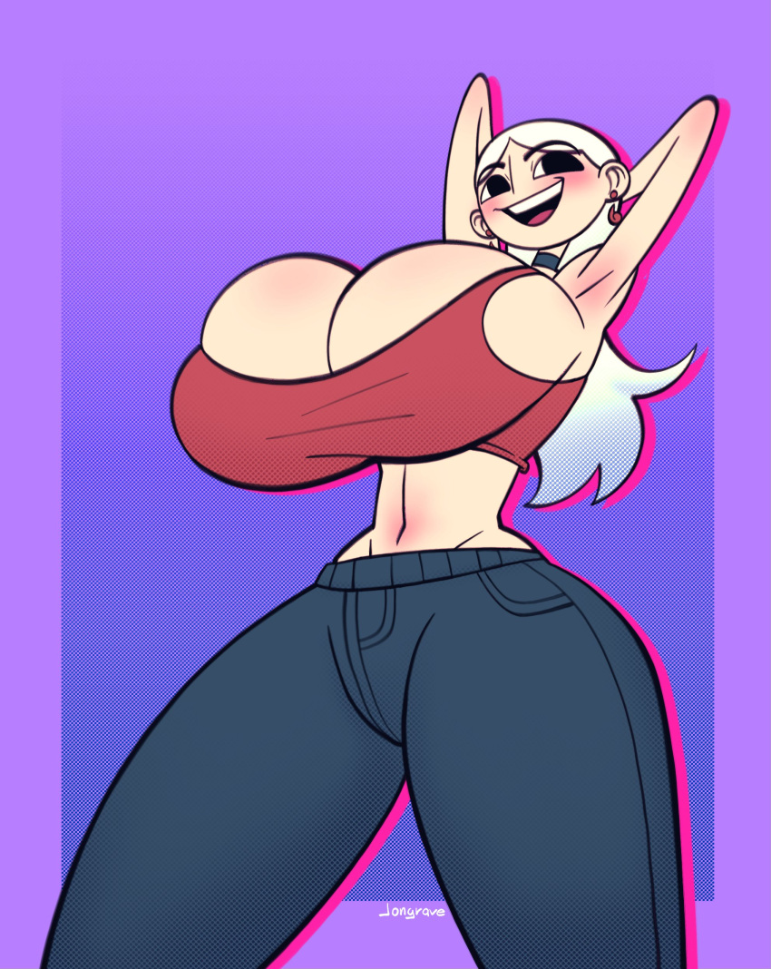 1female armpits big_breasts boobs breasts cleavage collar comfysaur dana_(comfysaur) earrings female_only hands_behind_head jeans light_skinned_female overflowing_breasts sport_bra thick_thighs white_hair