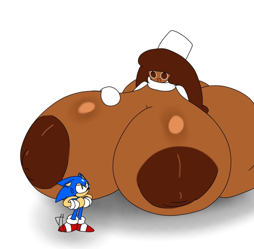 1boy 1girls annoyed annoyed_expression areolae breasts brown_hair cocoa_cookie completely_nude completely_nude_female cookie_run crossover female hand_on_breast huge_breasts long_hair male naked naked_female nipples nude nude_female on_front sonic_(series) sonic_cookie sonic_the_hedgehog tha_randomu