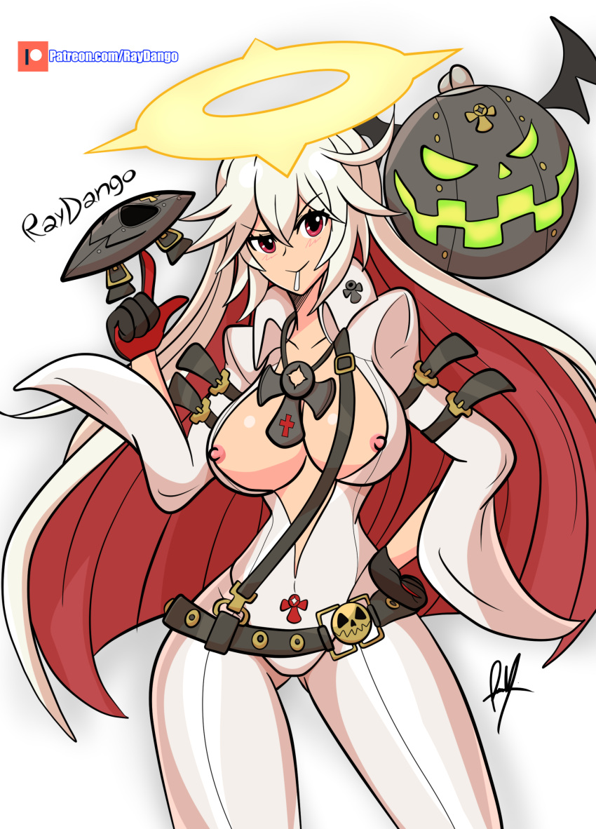 bodysuit breasts broken_halo candy guilty_gear guilty_gear_strive jack-o'_valentine mask nipple_slip raydango red_eyes solo white_hair