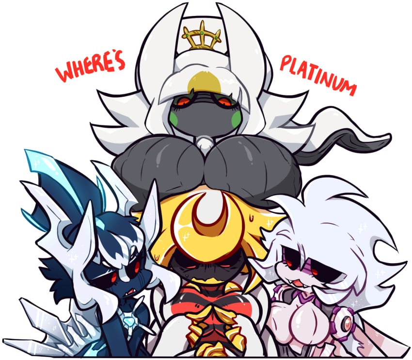 3_on_1 4_arms 4girls anthro anthro_on_anthro anthrofied arceus big_breasts black_eyes boob_squish boobs_on_head breast_squeeze breast_squish breasts breasts_on_head dialga embarrassed embarrassed_female fangs fingers_together giratina goddess hoshmytots legendary_pokémon legendary_pokemon multi_arm multi_limb multicolored_body multiple_girls nervous_sweat nintendo only_female palkia pokémon_(species) pokemon pokemon_(species) pokemon_dppt red_eyes text visible_nipples