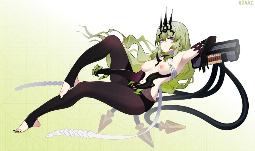 absurdres armpits breasts clawed_gauntlets claws clothing_cutout commentary crown elbow_gloves feet female gloves green_hair highres honkai_(series) honkai_impact_3rd long_hair looking_at_viewer mobius_(honkai_impact) nail_polish navel navel_cutout ninai nipples pantyhose smile solo stirrup_legwear symbol-only_commentary toeless_legwear toenail_polish toenails toes