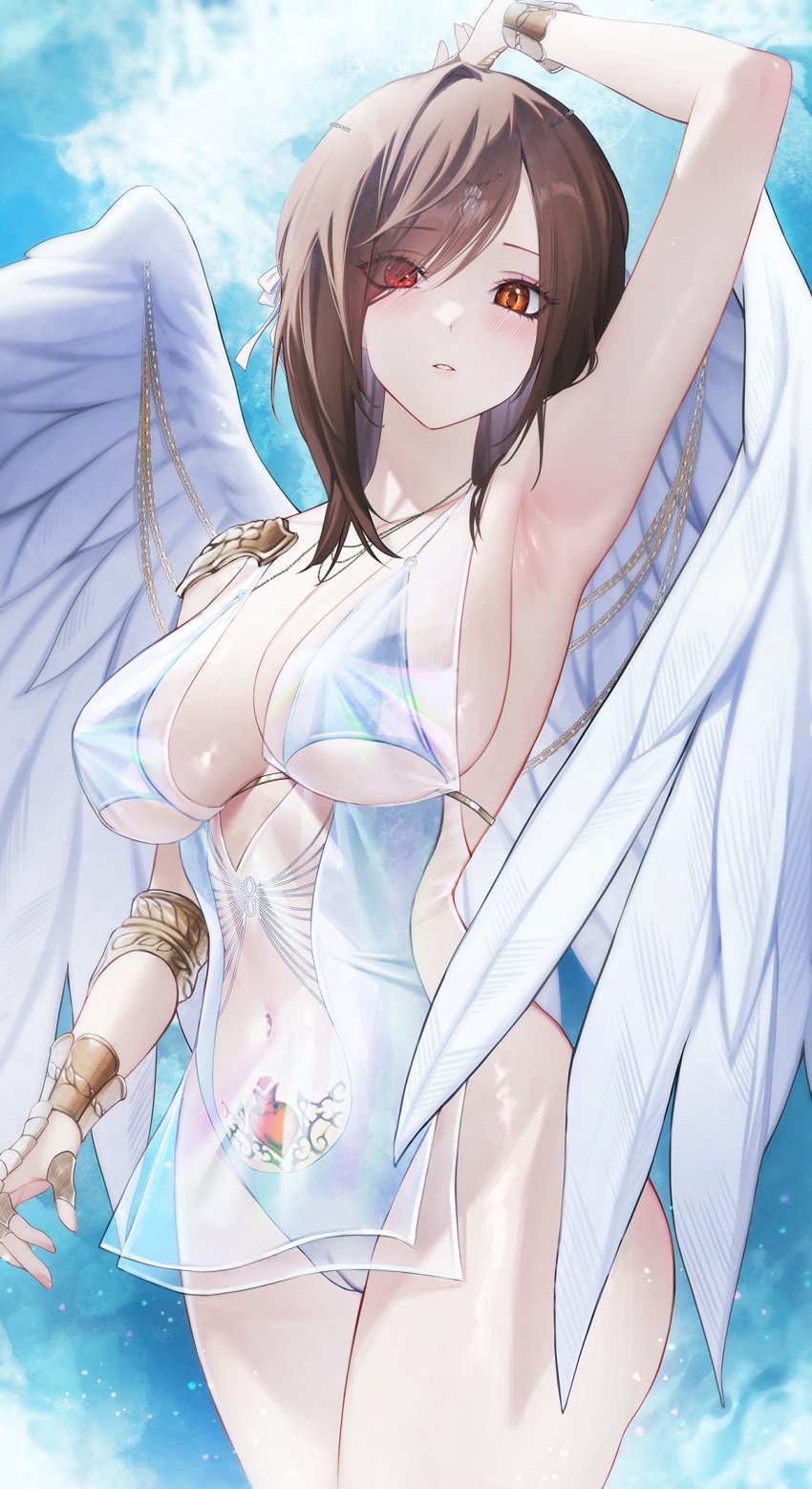 1girls angel angel_wings arm_up armpits blue_sky blush bracer breasts brown_hair cameltoe chains clothing_cutout cowboy_shot eyes_visible_through_hair feathered_wings female gold_chain hair_over_one_eye hair_ribbon heterochromia highres large_breasts lichiko looking_at_viewer navel one-piece_swimsuit orange_eyes original parted_lips pubic_tattoo red_eyes ribbon see-through solo stomach_cutout swimsuit tattoo white_wings wings