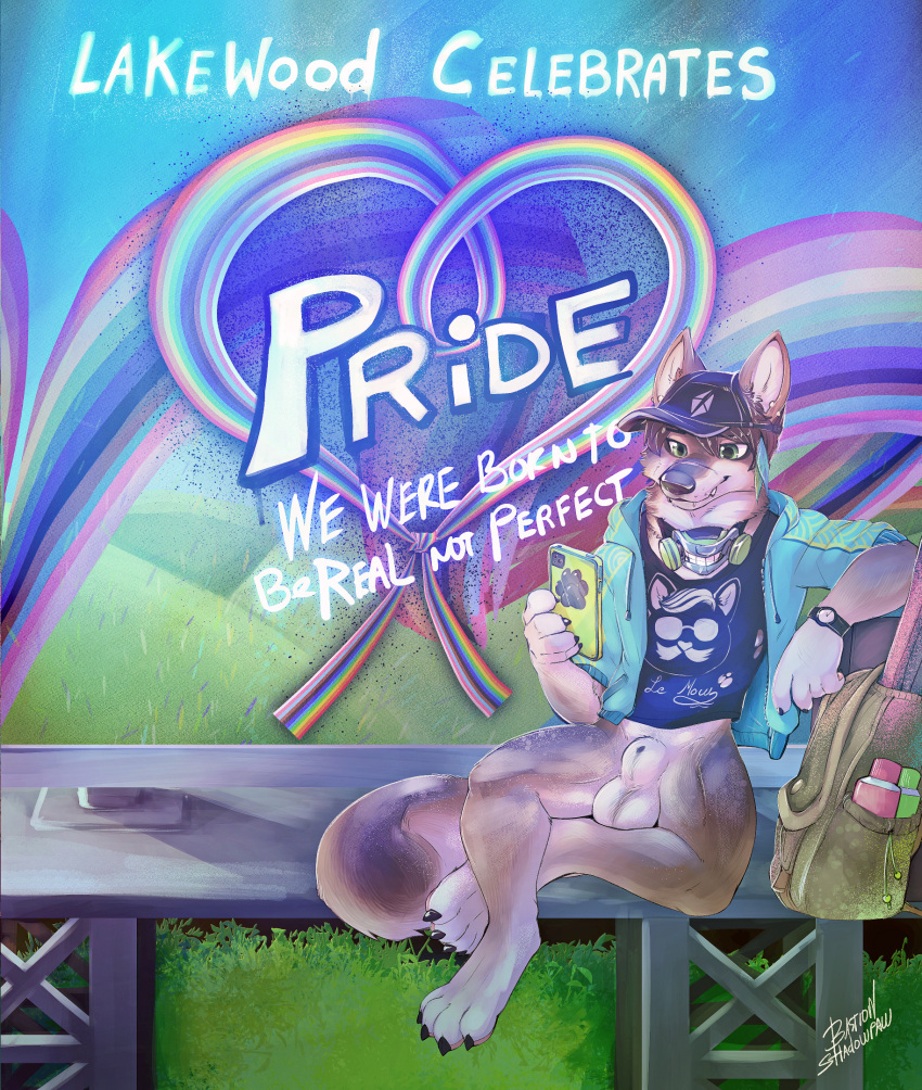 animal_genitalia animal_penis anthro bastionshadowpaw bottomless bottomless_anthro bottomless_male canid canine canis clothed clothing fully_sheathed furry genitals graffiti graffiti_on_wall hi_res lakewood lgbt_pride male male_only mammal penis pride_(disambiguation) pride_colors sheath solo wolf