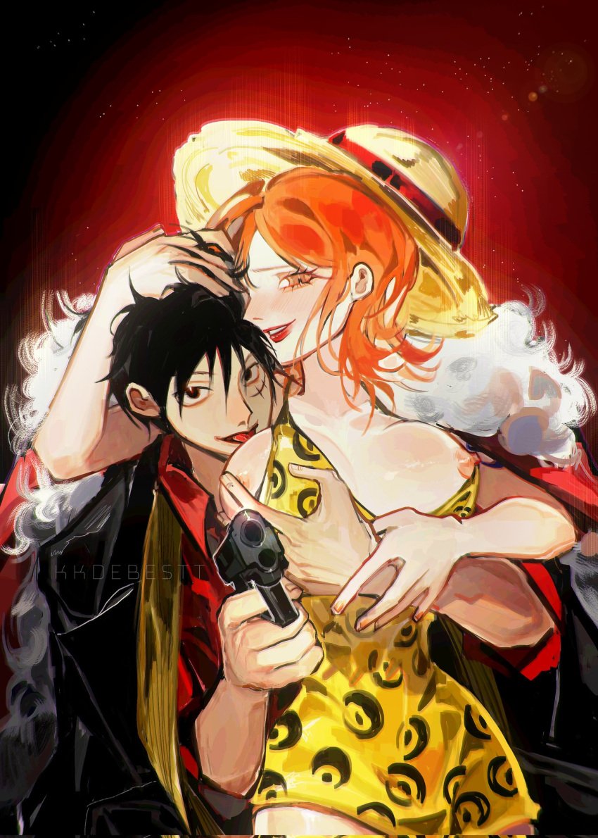 1boy 1boy1girl 1girls areolae big_breasts breast_grab breasts breasts_out cleavage clothed coat coat_on_shoulders couple dress female fondling fondling_breast gun keikeidebest mafia male monkey_d_luffy nami nipples one_piece possessive pre-timeskip scar straw_hat suit