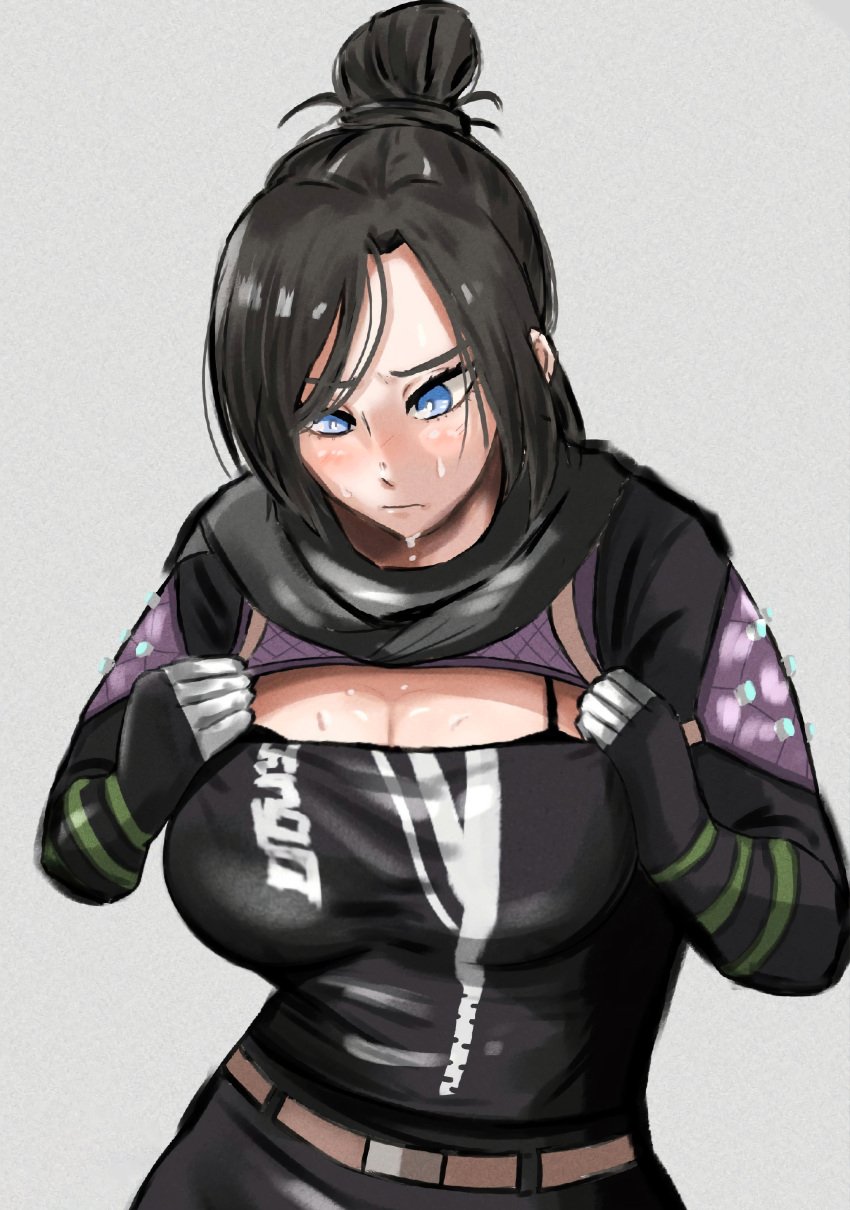 2d alternate_breast_size apex_legends big_breasts big_hips big_thighs black_hair blue_eyes blush bra breast_hold breast_squeeze breast_squish breasts breasts_out breasts_outside bursting_breasts bursting_clothes growth huge_breasts jumpsuit outgrowing_clothes simple_background stretched_clothing sweat sweatdrop sweaty sweaty_body sweaty_breasts thick tight_clothes tight_clothing tights tsuba_(tubaki89438490) video_games wraith_(apex_legends)