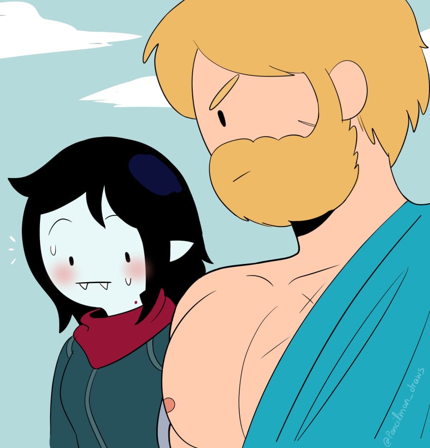 1boy 1girls accurate_art_style adventure_time aged_up areolae beard bigger_male blush breasts cape cartoon_network duo fangs finn_the_human fully_clothed girl_staring_at_guy&#039;s_chest long_hair looking_at_breasts looking_at_partner male male_focus marceline meme muscular muscular_male nervous pencilman pencilmandraws prosthetic prosthetic_arm scar scarf serious short_hair signature sweater sweating vampire