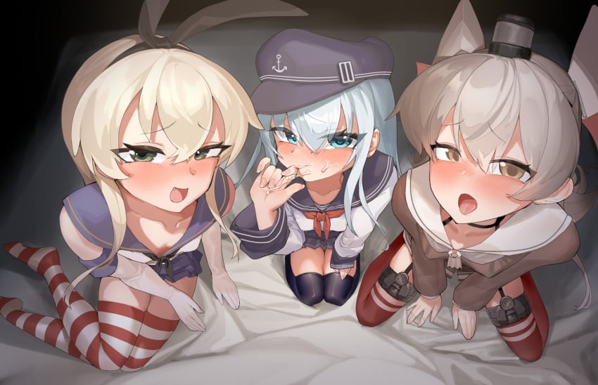 3girls amatsukaze_(kantai_collection) blonde_hair blowjob blue_eyes deepthroat gloves grey_hair hat heart heart-shaped_pupils hibiki_(kantai_collection) kantai_collection multiple_girls school_uniform shimakaze_(kantai_collection) smokestack_hair_ornament stine_r symbol-shaped_pupils white_gloves young