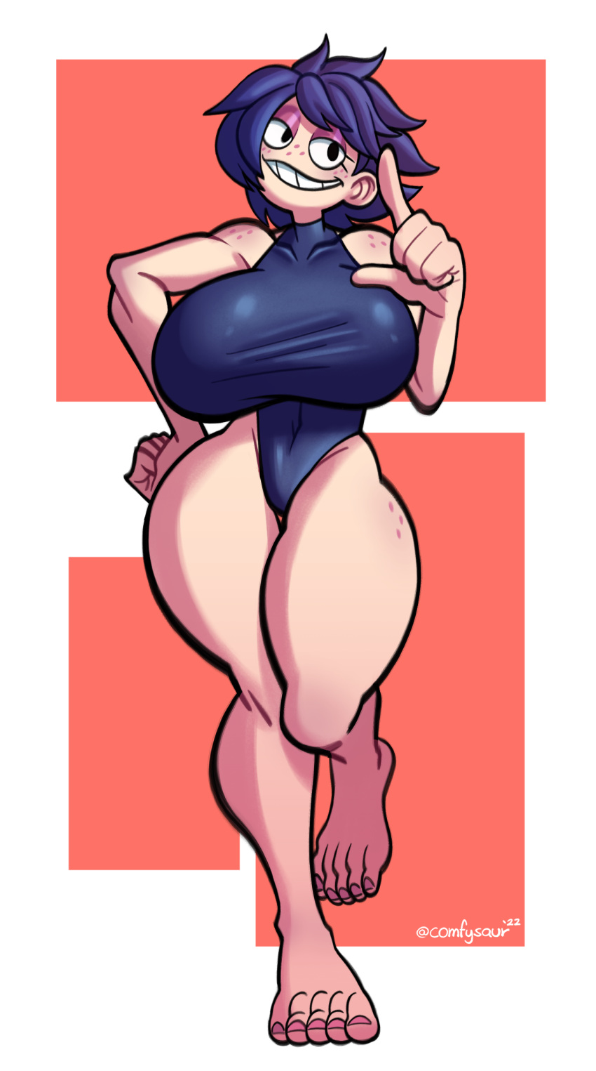 big_breasts comfysaur freckles_on_face freckles_on_shoulders freckles_on_thighs killary_(mangneto) smile swimsuit thick_thighs