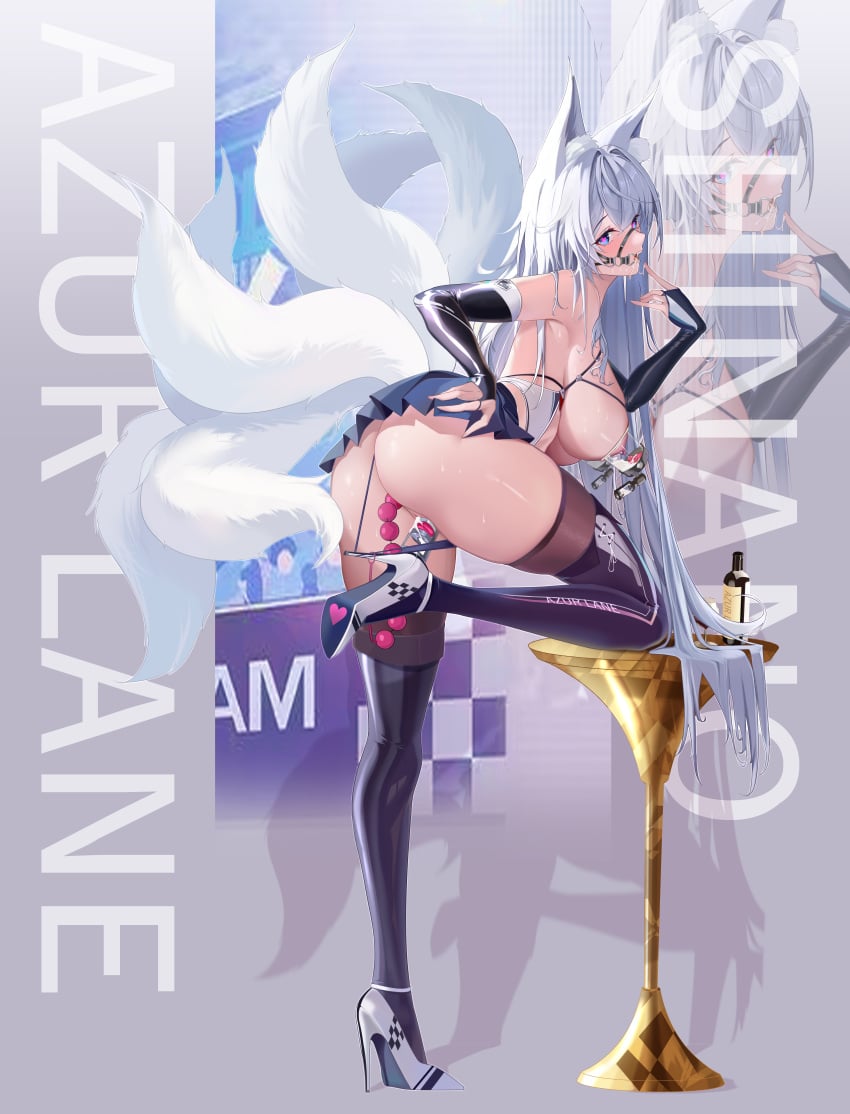 absurdres anal anal_beads anal_object_insertion animal_ears azur_lane bare_shoulders black_gloves blush breasts cleavage covered_navel detached_collar detached_sleeves dildo female female_only fox_ears fox_girl fox_tail full_body gag gagged gloves harness_ring_gag high_heels highres large_breasts latex leotard long_hair looking_at_viewer maho_shi_ma multiple_tails object_insertion official_alternate_costume purple_eyes race_queen ring_gag sex_toy shinano_(azur_lane) shinano_(moonlit_chrome)_(azur_lane) skin_tight skindentation skirt solo stockings tail vaginal_object_insertion vaginal_penetration very_long_hair white_hair