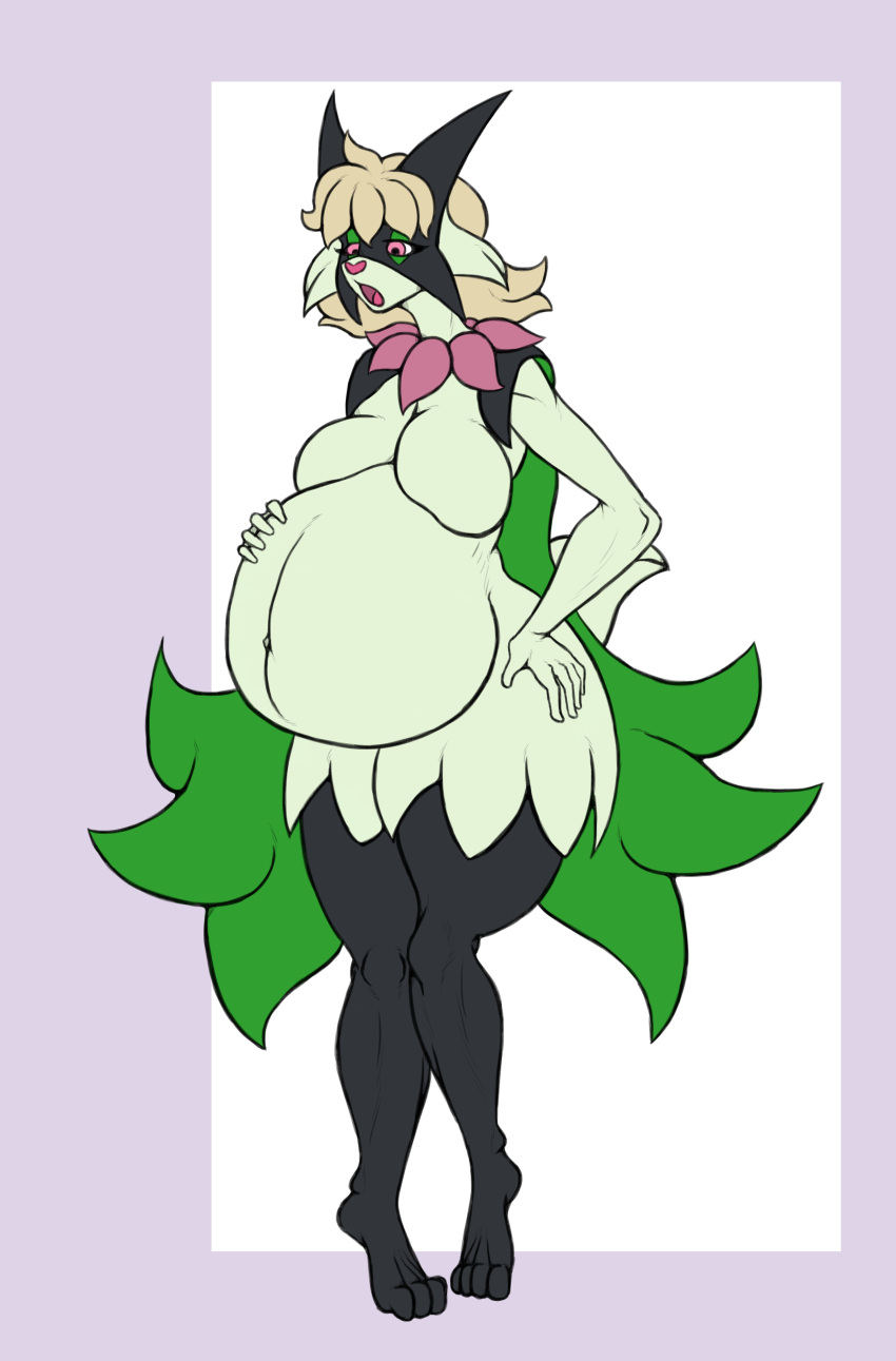 anthro big_belly blonde_hair female furry green_fur hand_on_hip holding_belly infiniteshades masked masked_female meowscarada original_character pokémon_(species) pokemon pokemon_sv pokesona pregnant pregnant_belly red_eyes thick_thighs ugly