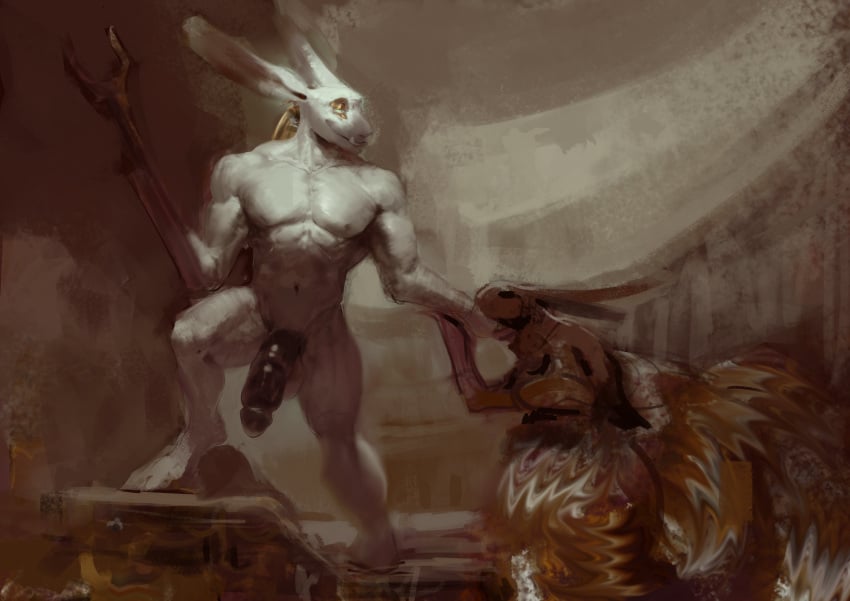 2d absurd_res ambiguous_gender anthro beefy big_penis black_penis daddy deity duo fur genitals heavy_balls hi_res killioma lagomorph leporid long_ears male mammal manly muscular muscular_anthro muscular_male nude penis pose rabbit smile white_body white_fur