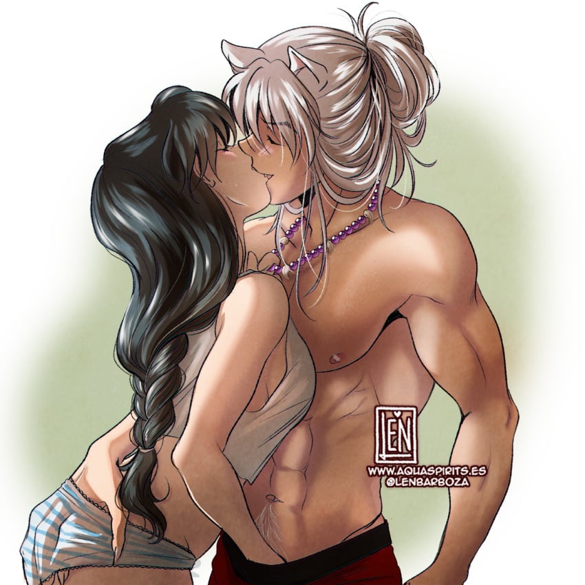 animal_ears aquarina artist_name artist_signature black_hair grabbing_penis hand_in_panties hand_in_pants inuyasha inuyasha_(character) kagome_higurashi kissing panties romantic straight striped_panties white_hair