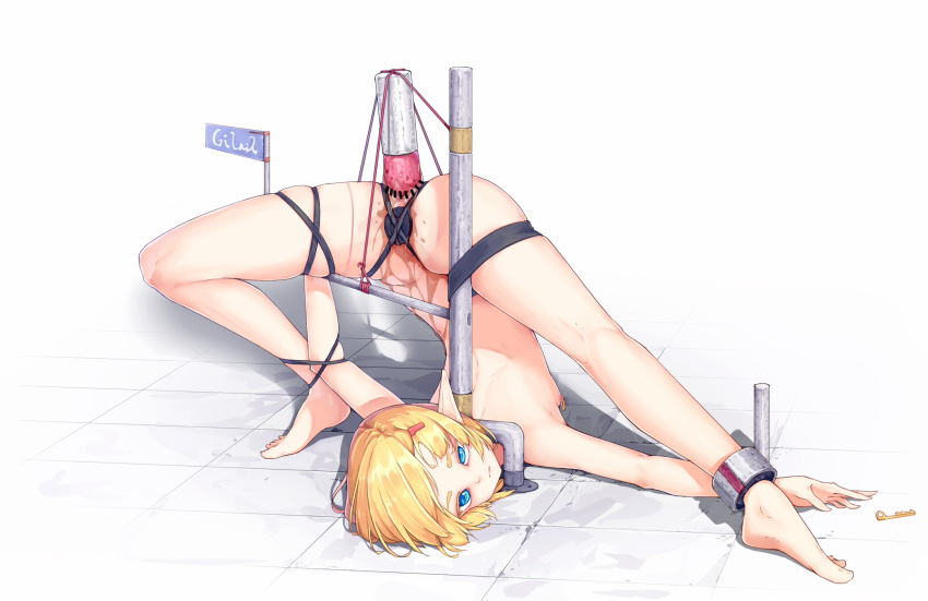 anal anal_object_insertion ankle_cuffs bar_censor blonde_hair blue_eyes bondage bound breasts censored contortion expressionless female flag highres immobilization kearful key looking_at_viewer nipple_piercing object_insertion original piercing pointy_ears pussy_juice restrained short_hair small_breasts stationary_restraints stress_position upside-down vaginal_object_insertion vaginal_penetration white_background