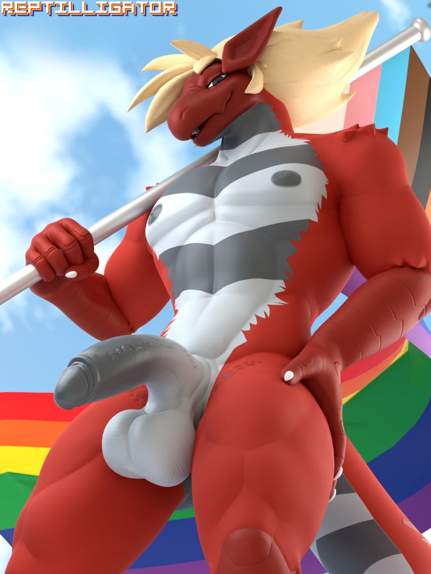 3d_(artwork) anthro balls blender_(software) digital_media_(artwork) dinosaur dragon dromaeosaurid flag genitals hi_res hybrid lgbt_pride looking_at_viewer male male_only muscular nipples nude penis pride_color_flag pride_colors rainbow_pride_colors ram_(reptilligator) red_body reptile reptilligator scalie smile solo theropod