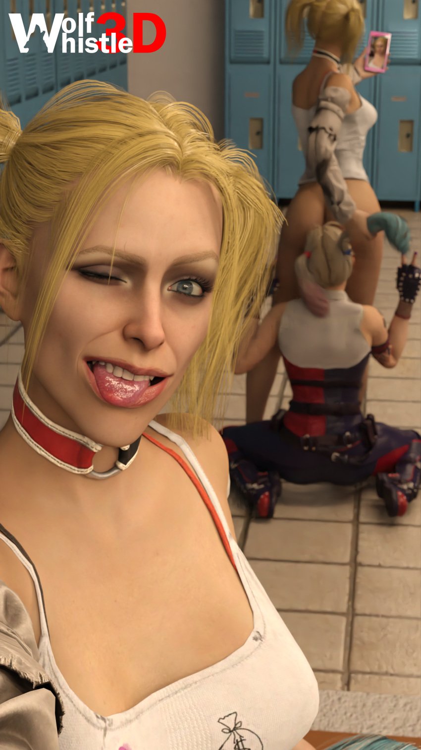 2girls 3d anilingus ass ass_in_face batman_(series) blonde_hair boobs breasts cassie_cage cassie_quinn crossover dc dc_comics female female_focus female_only gotham_knights harley_quinn harley_quinn_(cosplay) harley_quinn_(gotham_knights) human human_only kneeling light-skinned_female light_skin locker_room midway_games mirror_reflection mirror_selfie mortal_kombat mortal_kombat_11 multicolored_hair peace_sign rimming rimming_female selfie tits wolfwhistle3d yuri