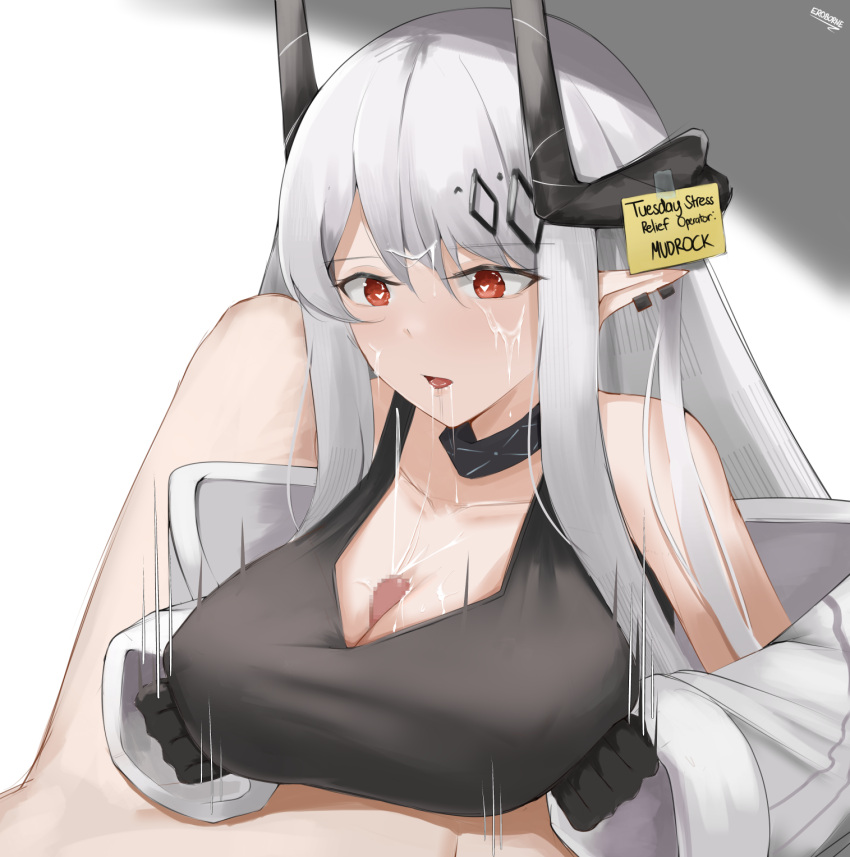 1boy arknights bare_shoulders black_gloves black_sports_bra breasts censored cleavage collar collarbone cum cum_on_hair doctor_(arknights) earrings english_text eroborne facial female gloves grey_hair heart heart-shaped_pupils highres infection_monitor_(arknights) jewelry large_breasts long_hair long_sleeves mosaic_censoring mudrock_(arknights) note off_shoulder open_mouth paizuri paizuri_under_clothes penis pointy_ears red_eyes saliva solo_focus sports_bra straight symbol-shaped_pupils upper_body very_long_hair