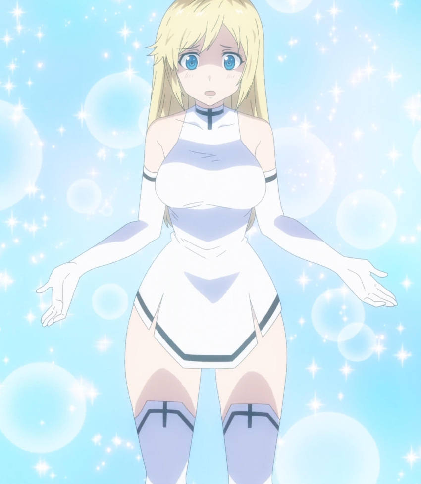 2023 artist_request blonde_hair blue_eyes breasts clothing elbow_gloves hips lidenfilms long_hair screencap thick_thighs thighhighs thighs wide_hips yuna_yunis yuusha_ga_shinda!