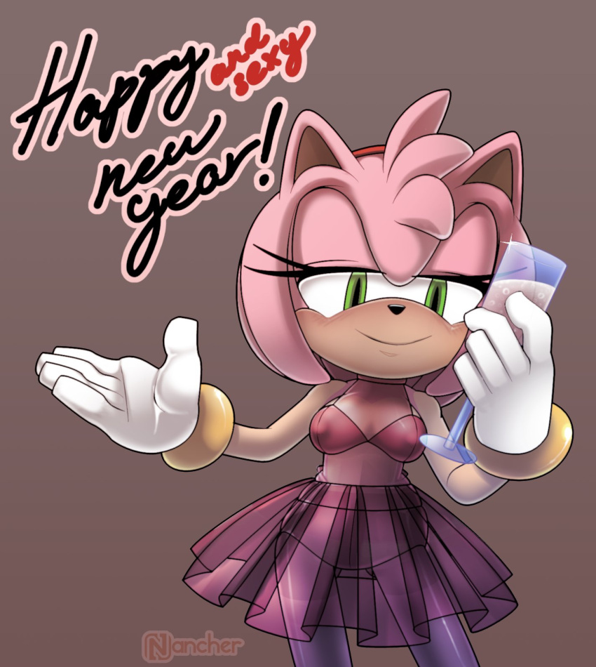 1girls amy_rose anthro bra bracelet drink drinking_glass furry gloves nancher new_year_2023 skirt sonic_(series) sonic_the_hedgehog_(series) translucent_clothing underwear