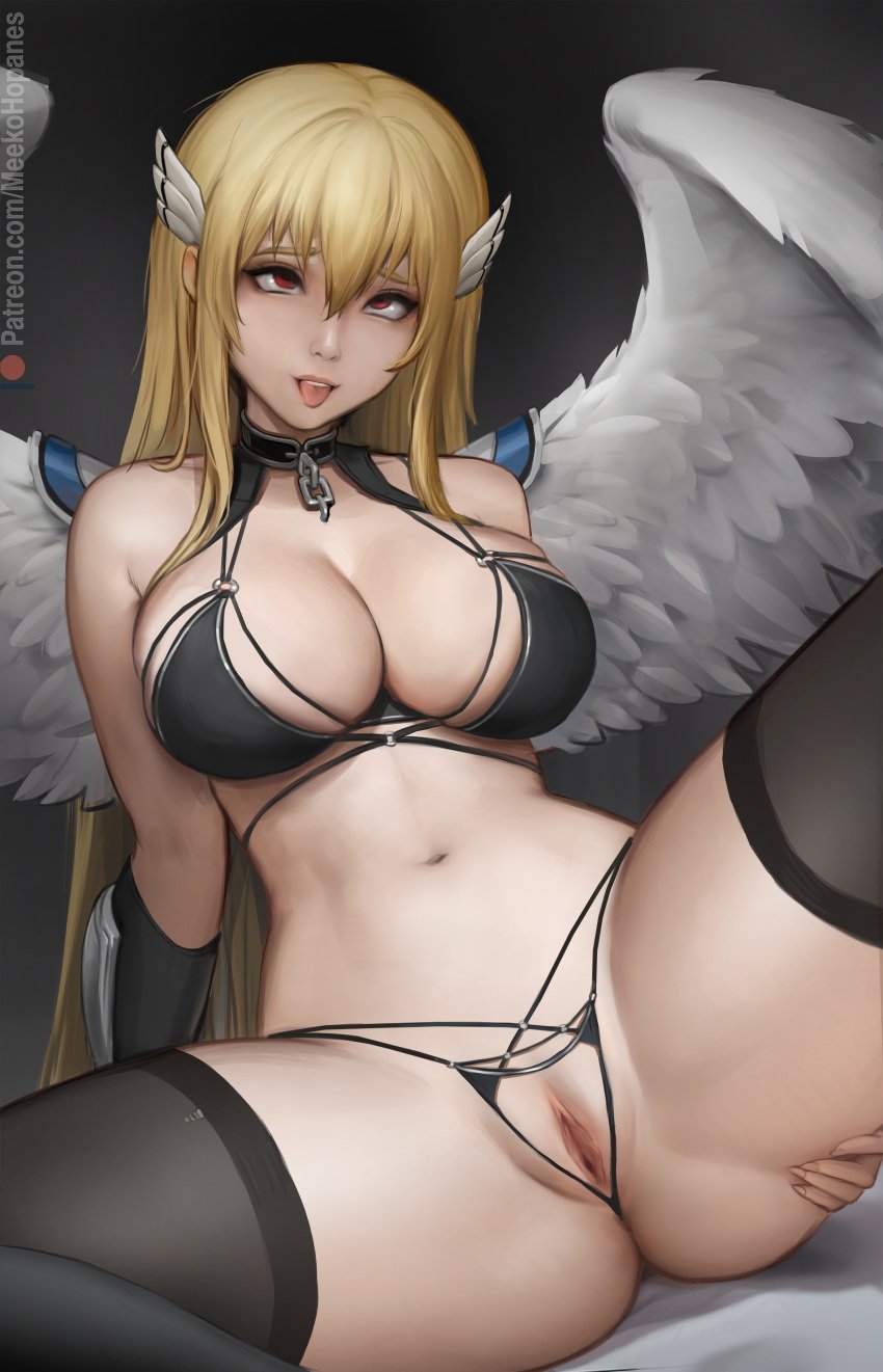 1girls 2023 absurd_res astraea astraea_(sora_no_otoshimono) blonde_hair female_only hi_res huge_breasts lingerie long_hair looking_at_viewer meekohopanes sora_no_otoshimono stockings voluptuous voluptuous_female wings