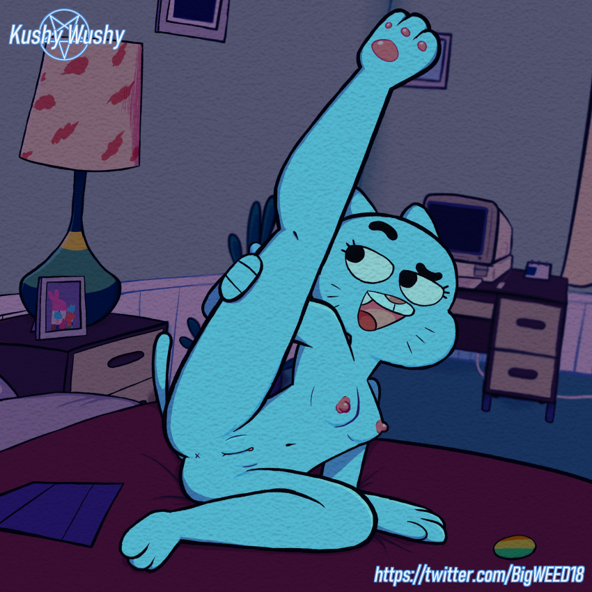 1girls absurd_res anthro anus bedroom blue_fur breasts cartoon_network felid feline female hi_res kushy_wushy mammal navel nicole_watterson nipples pussy raised_leg solo the_amazing_world_of_gumball