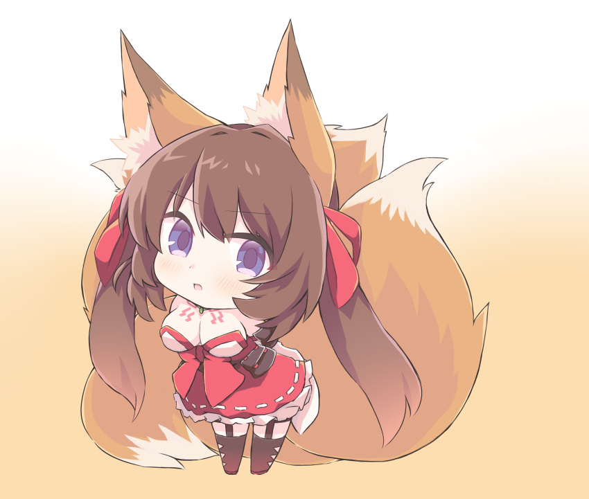 annoyed arms_behind_back blue_eyes brown_hair caleen_keemosn chibi choker cleavage commission cute eyebrows_visible_through_hair female female fluffy fox_ear fox_girl fox_tail garter garter_belt garter_straps hair_ribbon kemonomimi kitsunemimi large_breasts looking_at_viewer miko multiple_tails open_mouth rudobekia runes safe_for_work simple_background star_ocean star_ocean_anamnesis thighhighs twintails very_long_hair wholesome