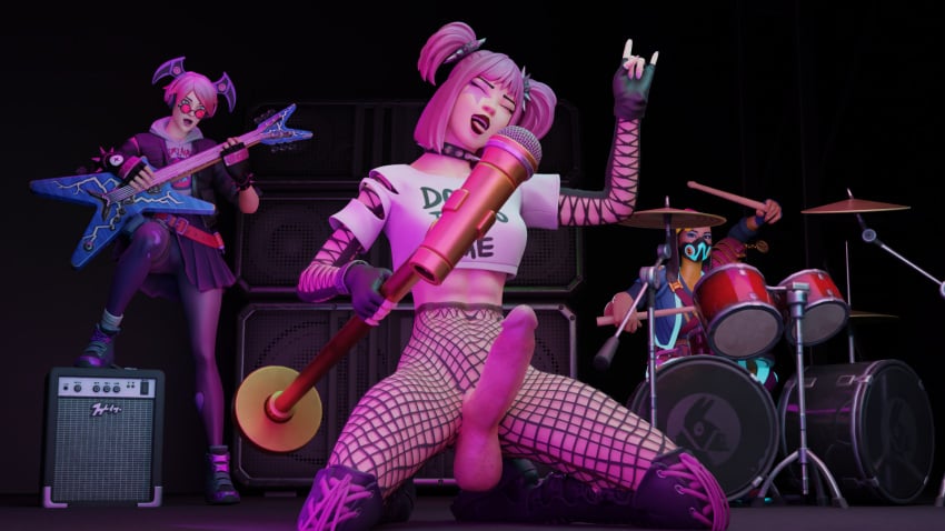 3d blender_(software) callisto_(fortnite) concert drop_dee_(fortnite) drum_set envision_(fortnite) fishnets fortnite futanari guitar haziest_mirage looking_over_eyewear looking_over_glasses looking_over_sunglasses microphone pink-tinted_eyewear stage sunglasses tinted_eyewear