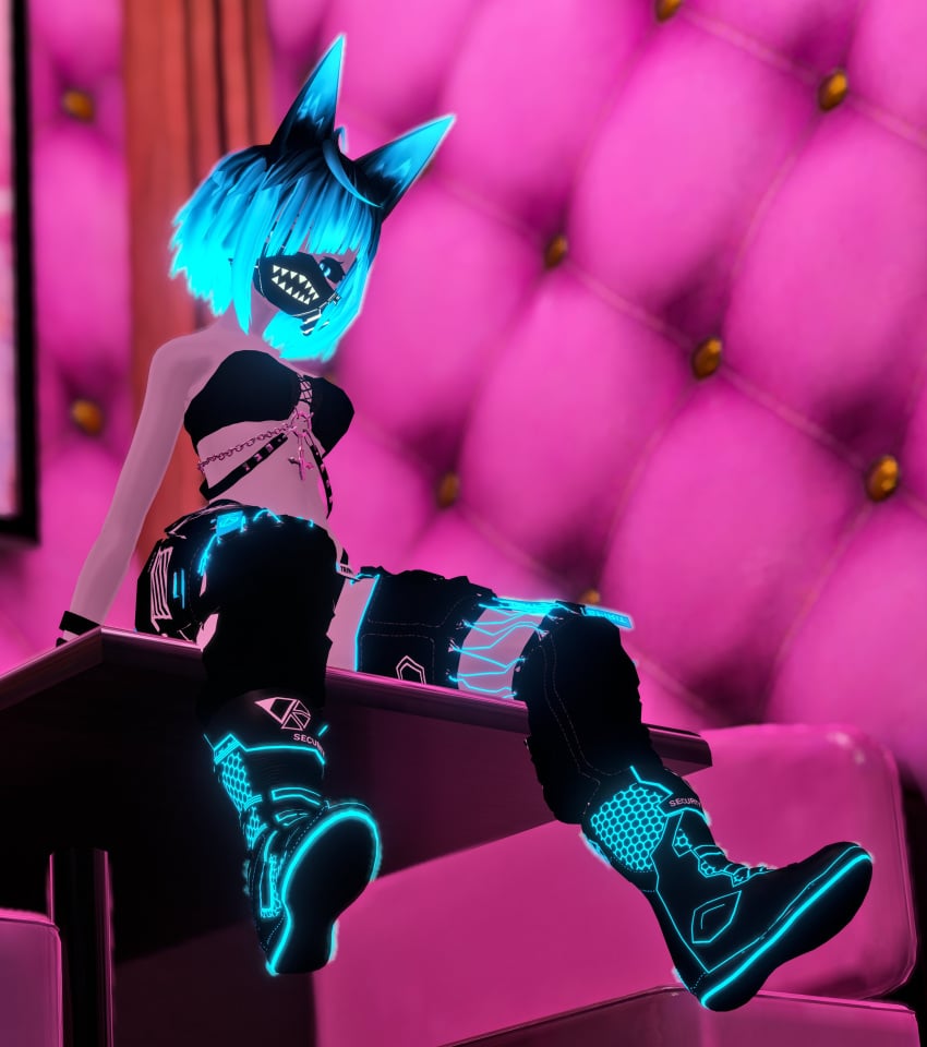 3d_model blue_eyes blue_hair fox_girl legs_apart pink_background rileyzenko rileyzenko_(character) sitting sitting_on_table vrchat