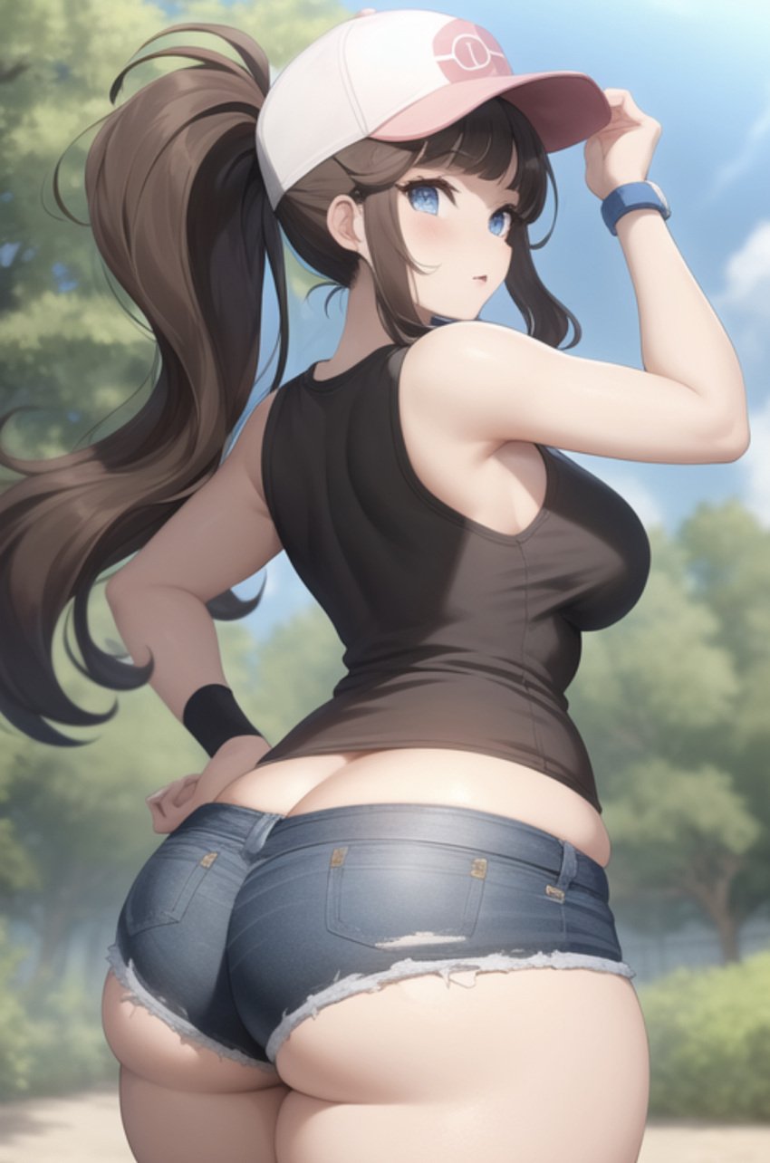 1girls ai_generated baseball_cap big_ass blue_eyes brown_hair denim_shorts fat_ass forest generic_ai hilda_(pokemon) human human_only jorts light-skinned_female light_skin looking_back nintendo pawg pokemon pokemon_bw pokemon_trainer short_shorts shorts thick thick_thighs