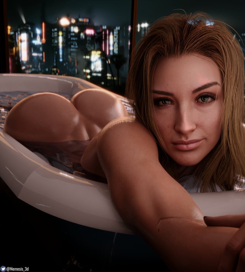 1girls 2023 3d absurd_res alt_cunningham ass bathtub big_ass blonde_hair cd_projekt_red cyberpunk cyberpunk_(series) cyberpunk_2077 female female_only hi_res highres nemesis_3d r._talsorian_games shiny_skin thick_ass thighs