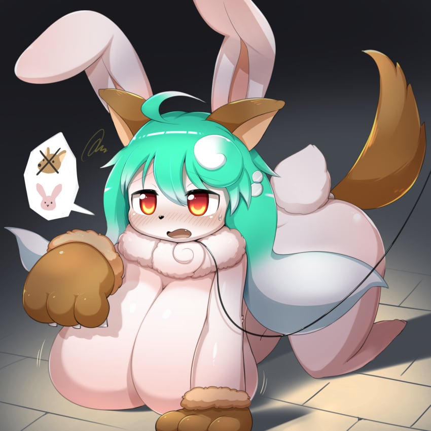 ahoge all_fours anthro black_nose blush breasts_on_ground buttplug claws clothing cute_fangs dog_ears dog_tail fake_ears fake_tail female floor fur gloves green_hair hair handwear hi_res lagomorph leash leporid mammal nude obikuragetyan open_mouth orange_eyes petplay pictographics plug_(sex_toy) rabbit roleplay sex_toy shadow solo thick_thighs white_body white_fur