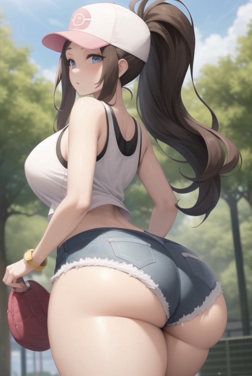 1girls ai_generated baseball_cap big_ass blue_eyes brown_hair denim_shorts fat_ass female forest generic_ai_face hilda_(pokemon) human human_only light-skinned_female light_skin looking_back nintendo pawg pokemon pokemon_bw pokemon_trainer short_shorts shorts thick thick_thighs