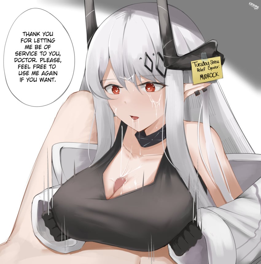 1boy arknights bare_shoulders black_gloves black_sports_bra breasts censored cleavage collar collarbone cum cum_on_hair doctor_(arknights) earrings english_text eroborne facial female gloves grey_hair heart heart-shaped_pupils highres infection_monitor_(arknights) jewelry large_breasts long_hair long_sleeves male mosaic_censoring mudrock_(arknights) note off_shoulder open_mouth paizuri paizuri_under_clothes penis pointy_ears red_eyes saliva solo_focus sports_bra straight symbol-shaped_pupils upper_body very_long_hair