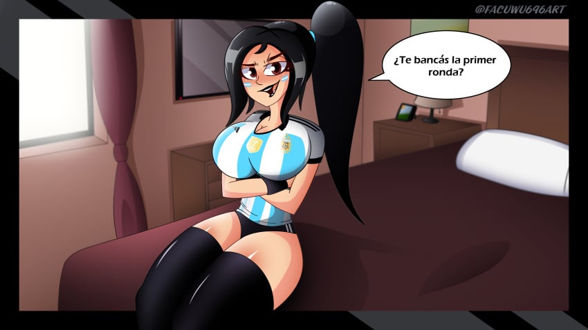 1girls argentina argentina-chan_(accelart) bed big_breasts black_hair breasts crossed_arms facuwu696art female sitting_on_bed smile world_cup