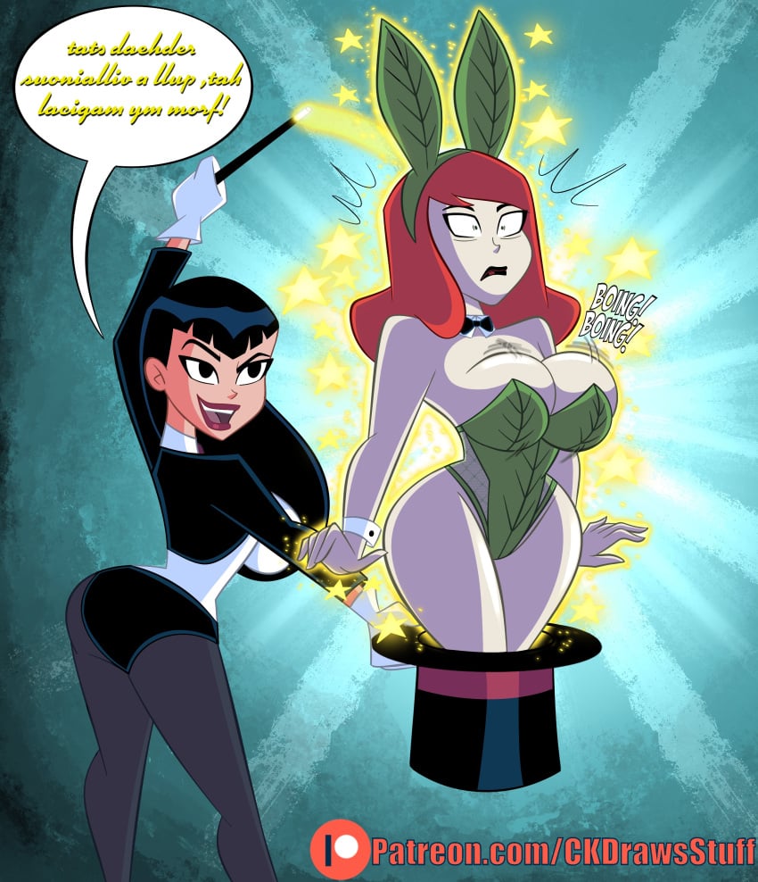 2girls black_hair boobs bouncing_breasts bowtie breasts bunny_ears bunnysuit cartoon_network cleavage codykins123 collar commission dc dc_comics detached_collar easter holiday javidluffy justice_league_action magic_wand magician magician_hat poison_ivy red_hair redhead tagme tits top_hat wrist_cuffs zatanna zatanna_zatara