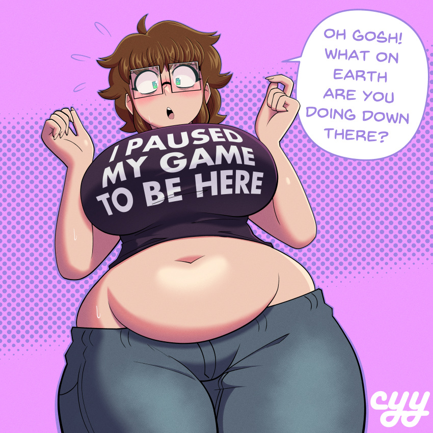 1girls bbw brown_hair cyyfapse cyynapse ellie_(paladin) glasses hourglass_figure huge_breasts jeans midriff nerd square_glasses tummy_squish