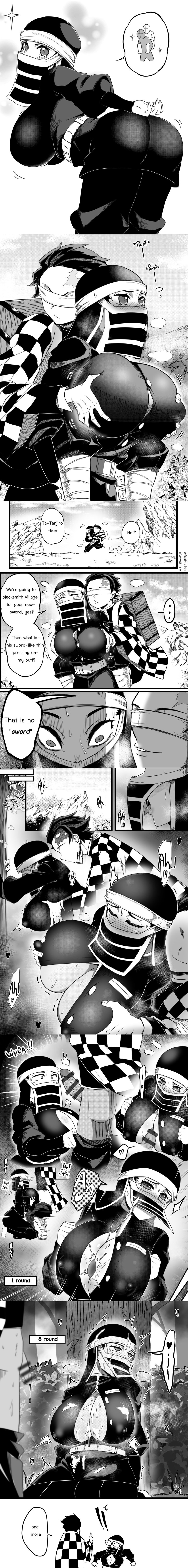 1boy big_breasts big_penis black_and_white black_clothing blush breast_grab breast_play breasts clothed_female cum cum_on_body cum_on_breasts cum_on_face demon_slayer female groping high_res kakushi_(kimetsu_no_yaiba) kamado_tanjirou kimetsu_no_yaiba male male/female mask mature mature_female nesz nipple_bulge nipple_play open_mouth paizuri pants_down pleasure_face pleasured teen