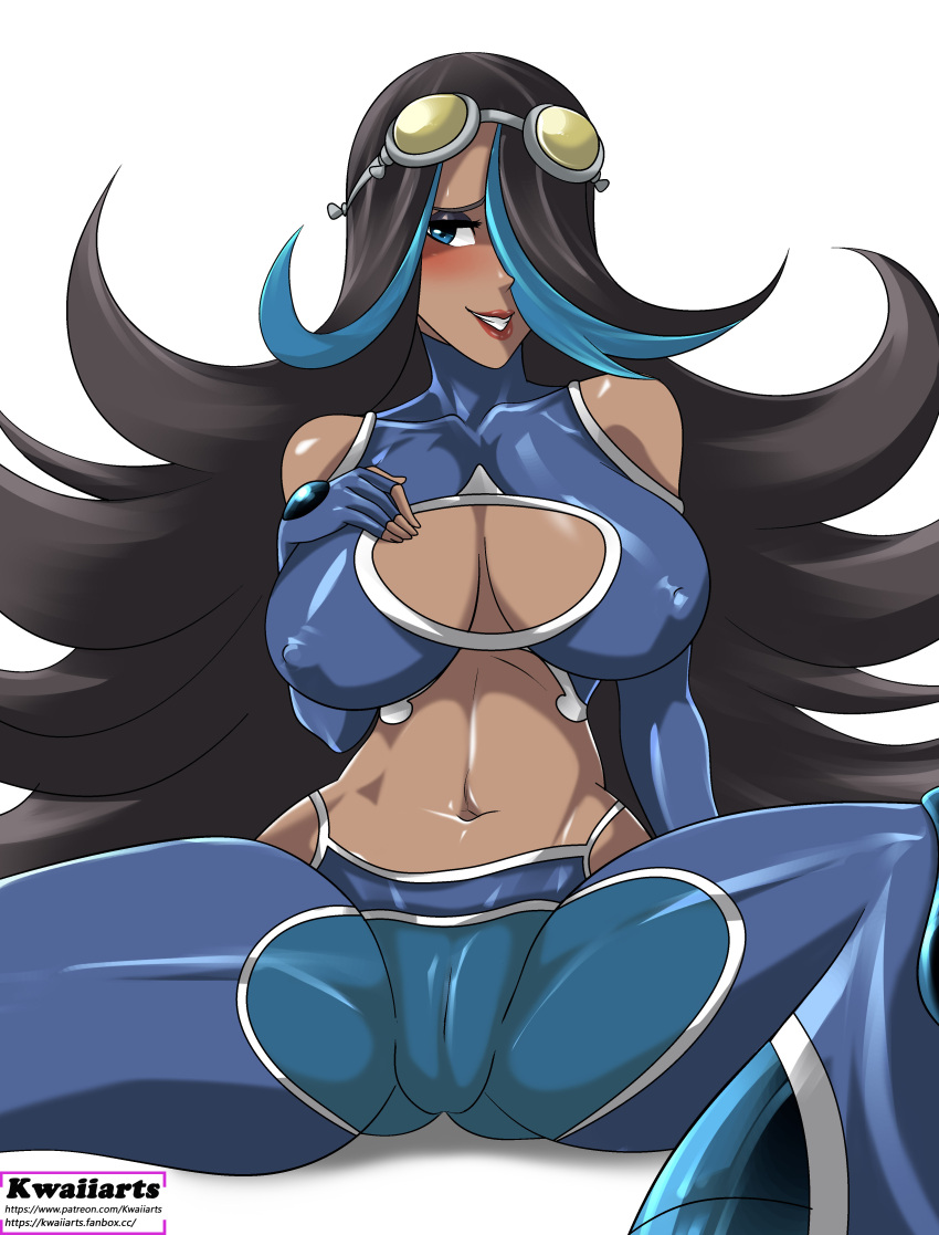 belly belly_button black_hair blue_eyes blush boob_window breast_cutout breasts cameltoe dark-skinned_female dark_skin eyeshadow goggles goggles_on_head kwaiiarts long_hair nipple_bulge nipples_visible_through_clothing pokémon pokemon pokemon_oras shelly_(pokemon) shelly_(pokemon_oras) silvina_(pokémon) skin_tight smile stomach