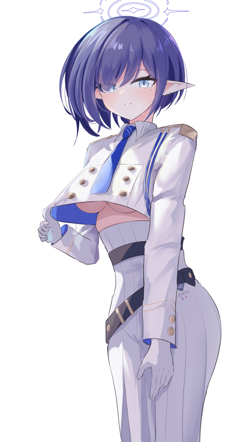 1girls aoi_(blue_archive) blue_archive blue_eyes blue_hair blush breasts clothed_female_nude_male female female_only general_student_council_(blue_archive) general_student_council_logo_(blue_archive) gloves halo light-skinned_female light_skin medium_breasts military_uniform necktie pointy_ears simple_background solo underboob white_background white_gloves yoshi_j