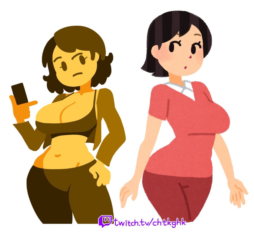 2girls big_breasts black_hair breasts cleavage clothing curvy emoji emoji_(race) eyelashes female female_only irasutoya lineless looking_at_another midriff minus8 mob_face no_outlines tagme white_background yellow_body yellow_skin